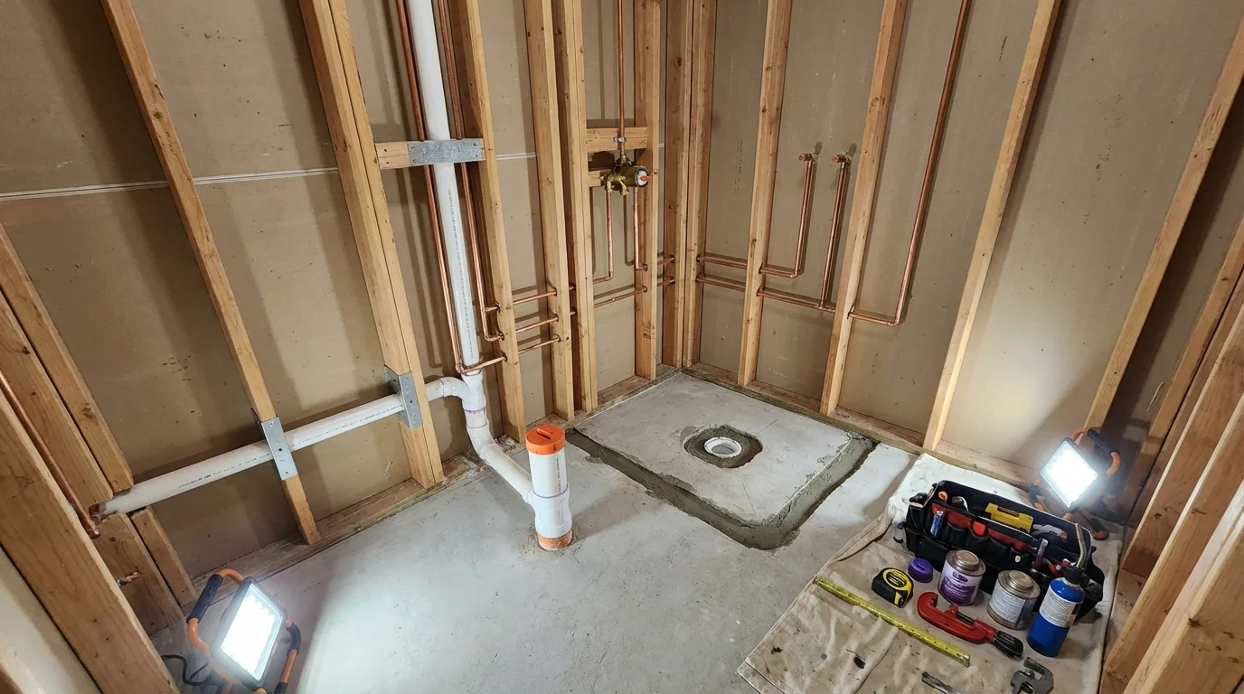 Bathroom rough-in plumbing during remodel by Johns Plumbing LLC in Esparto