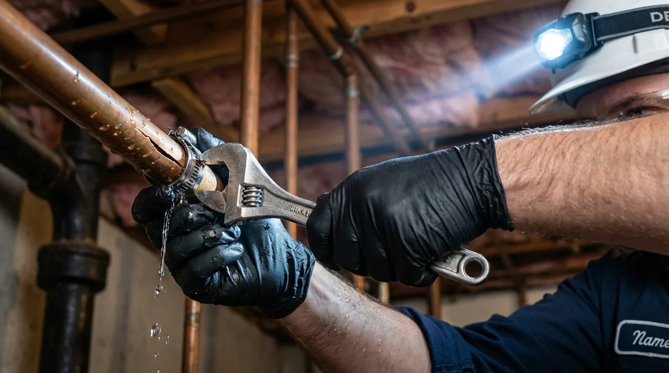 Emergency pipe clamp repair being performed by a Johns Plumbing LLC plumber in Esparto
