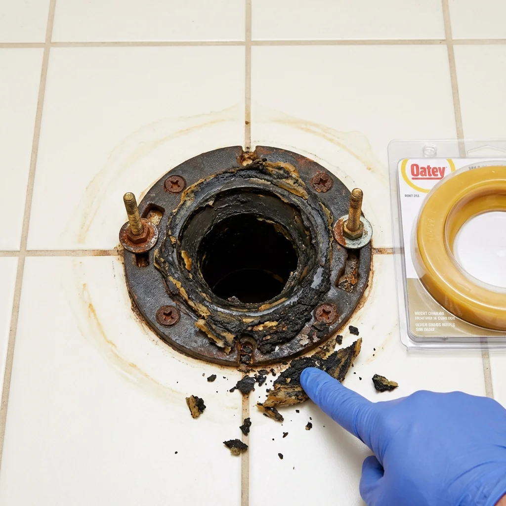 Failed wax ring showing water seepage at the base of a toilet in a Esparto, CA home