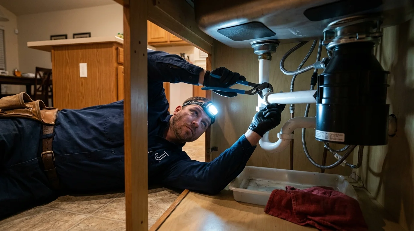 P-trap and supply line connections under a kitchen sink showing a common leak point in Esparto, CA